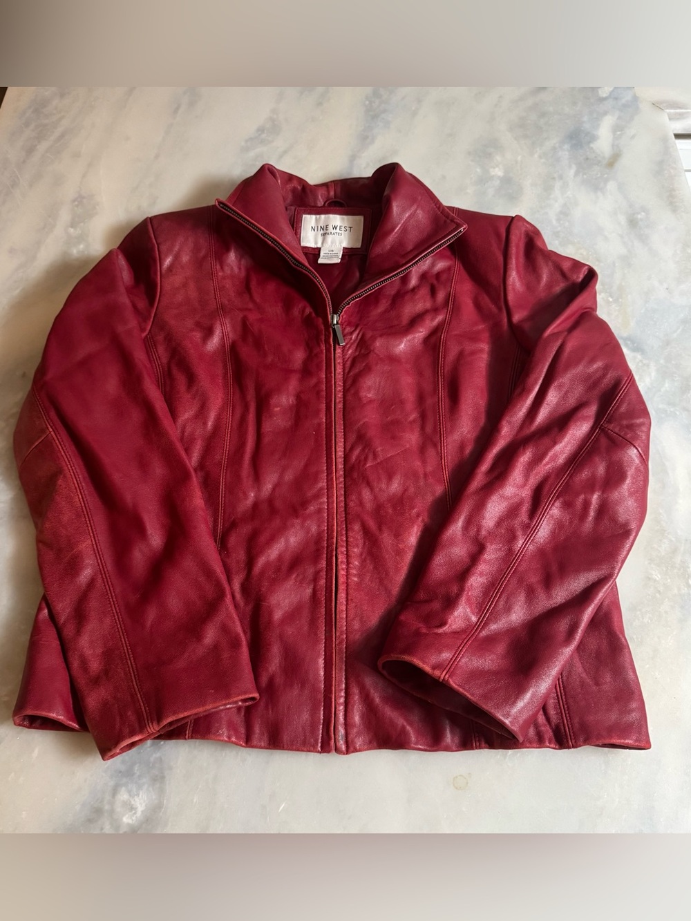 Nine West Genuine Leather Red Full Zip Scuba Jacket Classic Size Large